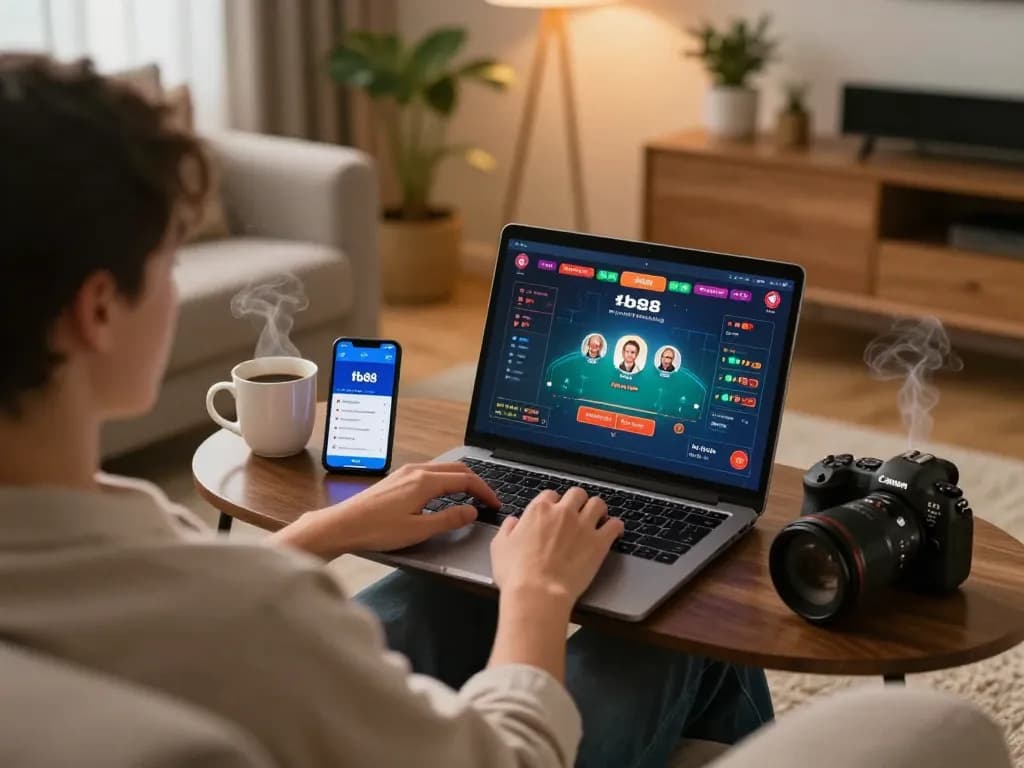 Engaging in poker on fb88 with a laptop at home, highlighting a cozy gaming atmosphere.