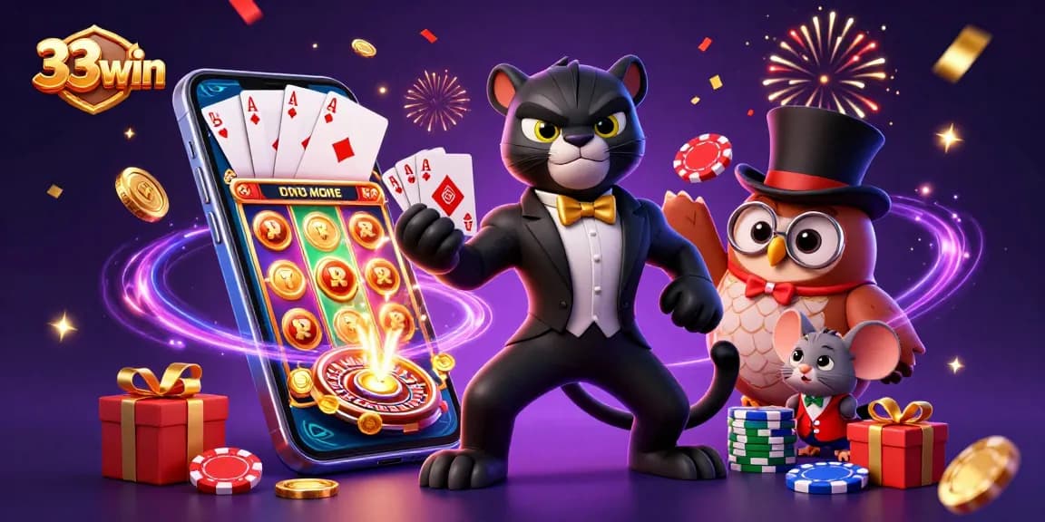 Join the thrilling action of 33win casino with vibrant characters engaging in exciting gambling activities.