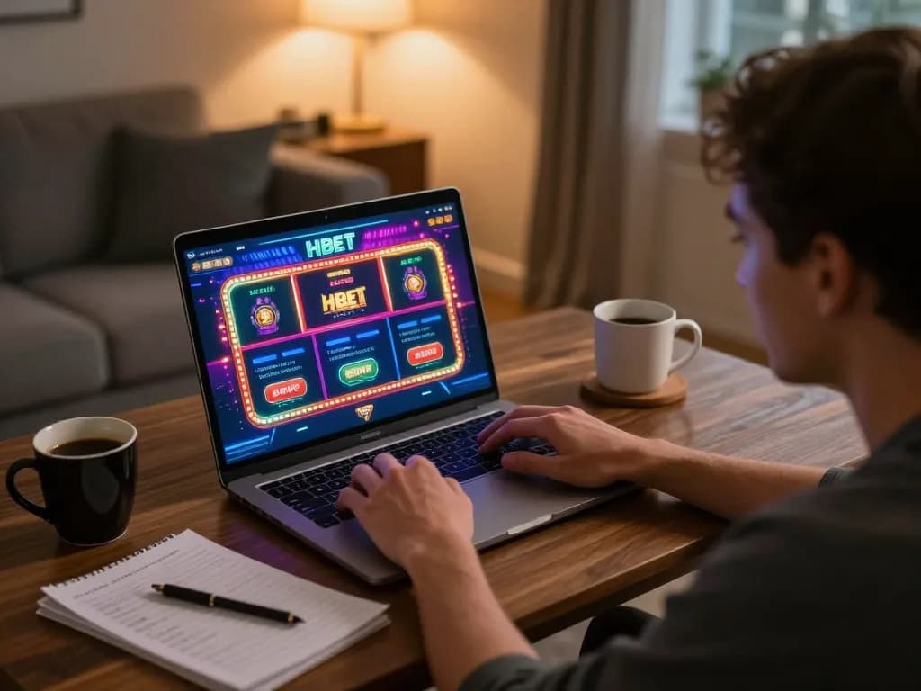Engaged player using HBET for online gaming at home, showcasing exciting game interface and cozy atmosphere.