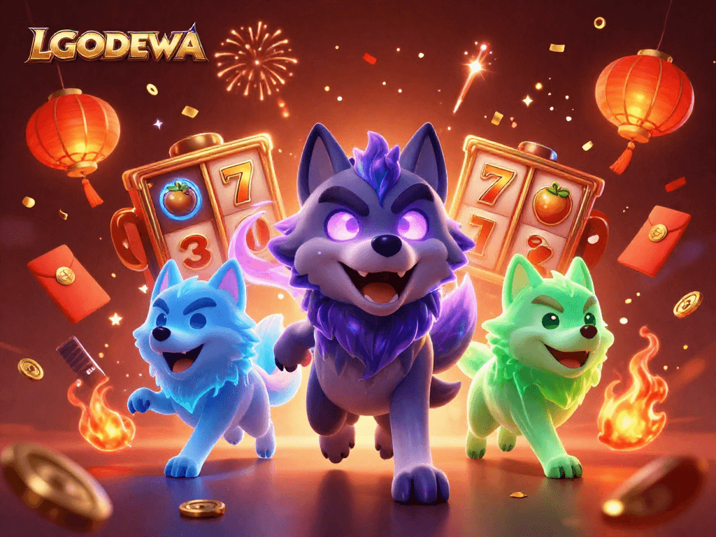 Experience the excitement of LGODEWA slots with shadow wolves and dynamic casino elements.