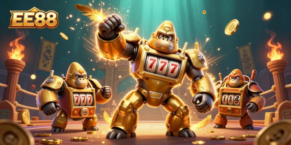 Engage with the EE88 golden gorilla mech in this 3D casino illustration bursting with excitement.