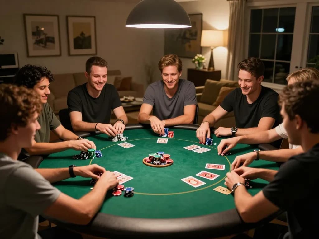 Players at home poker night strategizing around a table, showcasing an exciting sc88 gaming atmosphere