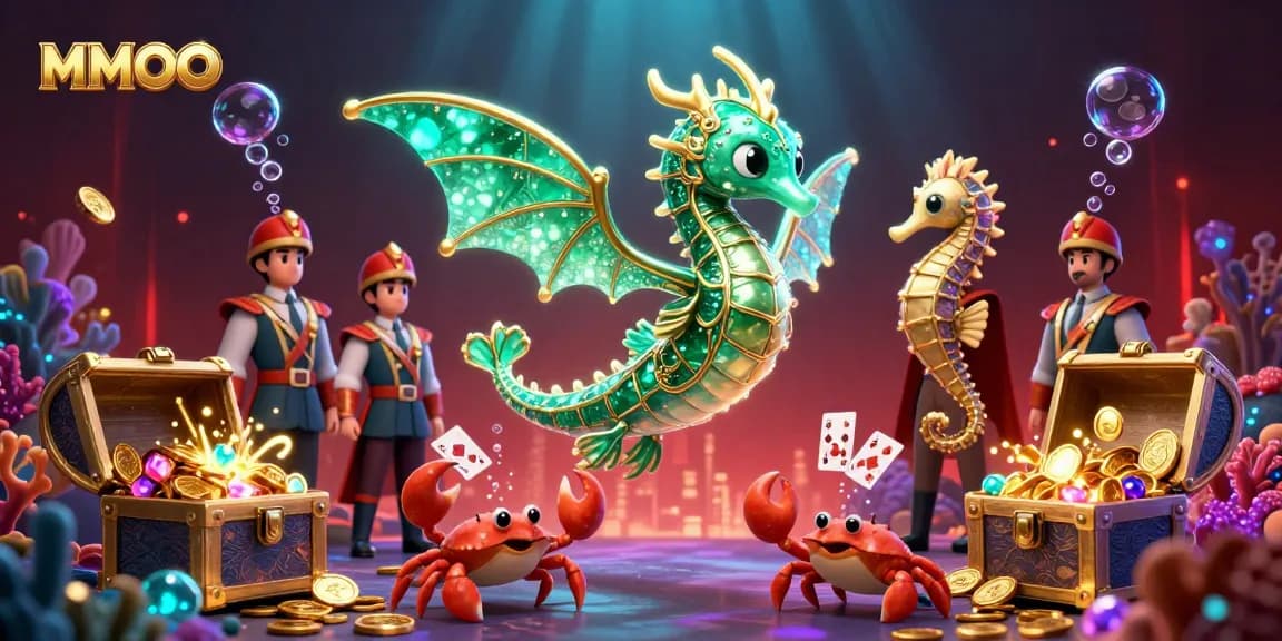 MMOO casino illustration showcasing a vibrant underwater world with sea dragon and treasure, enhancing gambling excitement.