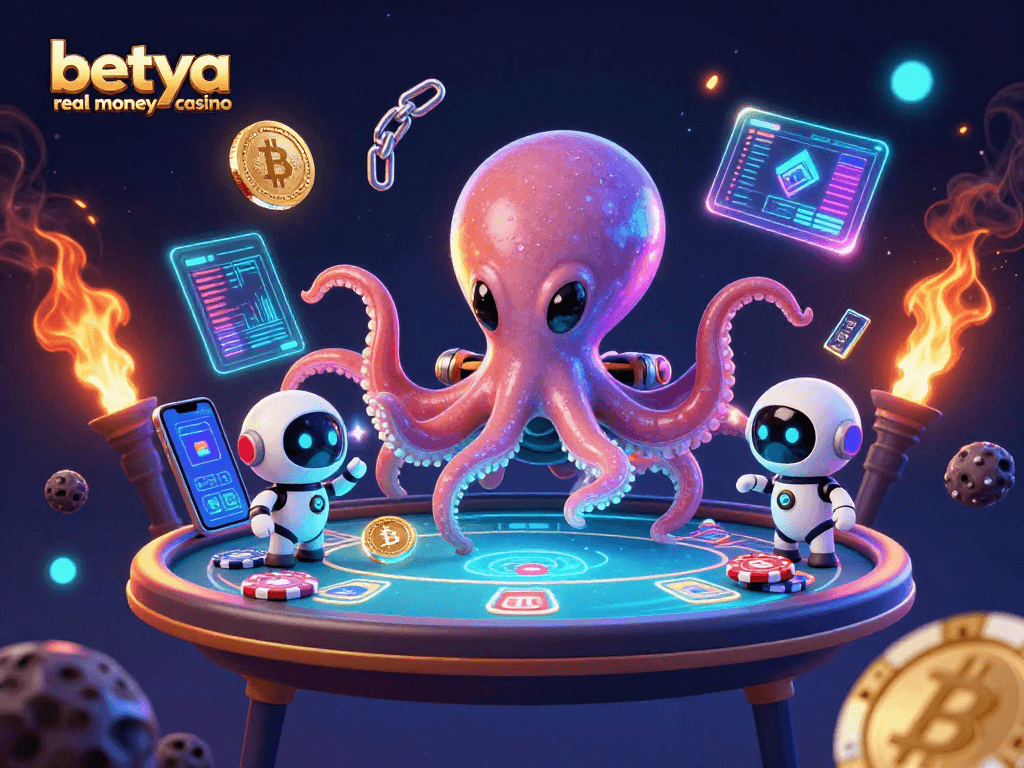 Experience the excitement at betya real money casino with a vibrant scene of a cosmic octopus dealing poker.