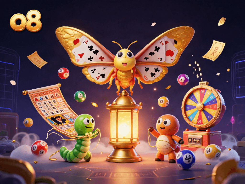 Engage with dynamic o8 lottery balls and vibrant casino elements in a magical illustration.