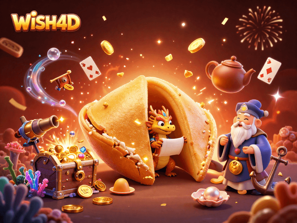 Engage with WISH4D’s immersive casino magic in a vibrant, dynamic 3D illustrated scene.