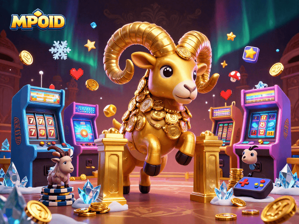 Experience seamless gameplay with MPOID, featuring a golden ram and vibrant casino elements.