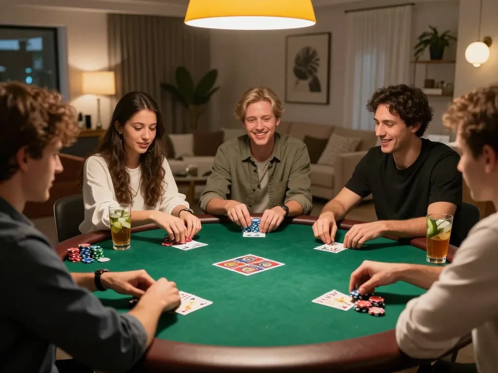 Players enjoying a friendly poker game in a stylish home while strategizing around the table with sc88 themed decor.