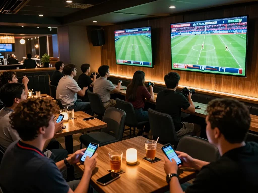Fans using CAKHIATV to watch live football matches while betting on their smartphones.