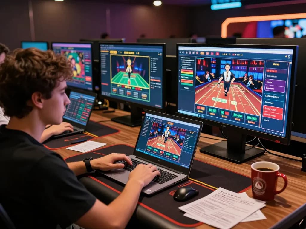 Player immersed in Surebetsg online casino games at a stylish home workstation, showcasing dynamic gameplay.
