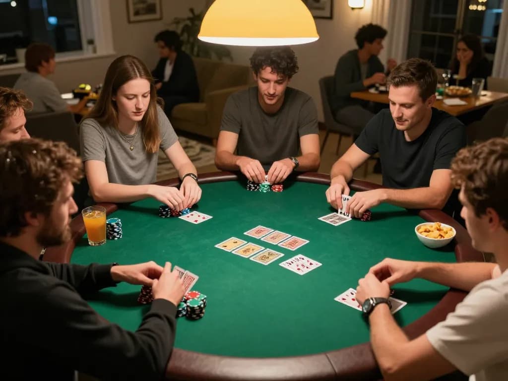Players strategizing their next moves in a friendly poker game with F8bet atmosphere