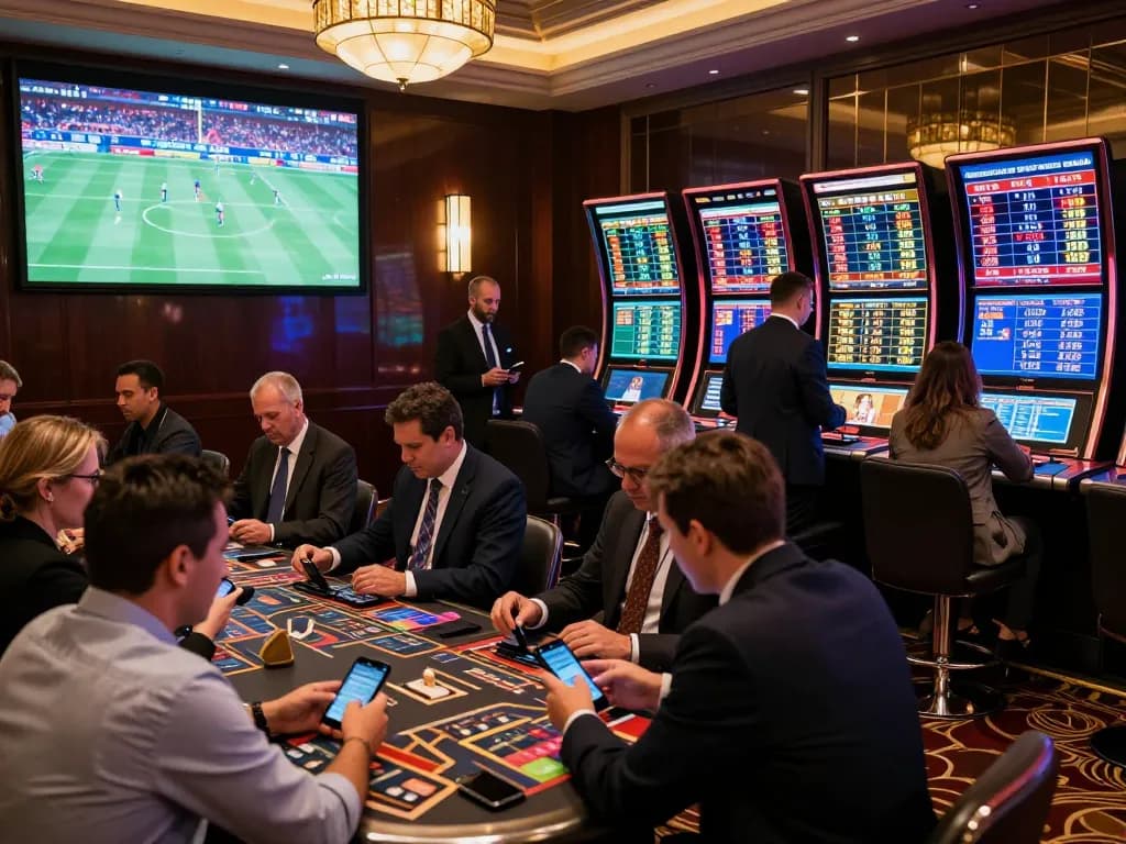 Kèo nhà cái sports betting area with enthusiastic patrons placing bets and watching live events