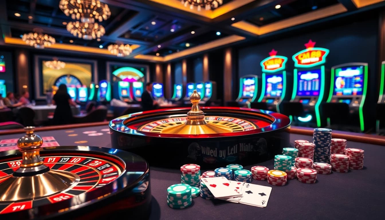 Exciting casino action with CM88-themed poker chips and roulette wheel.