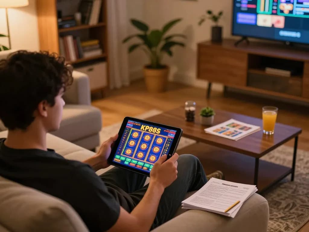Player enjoying KP88S online slots on tablet at cozy home gaming setup