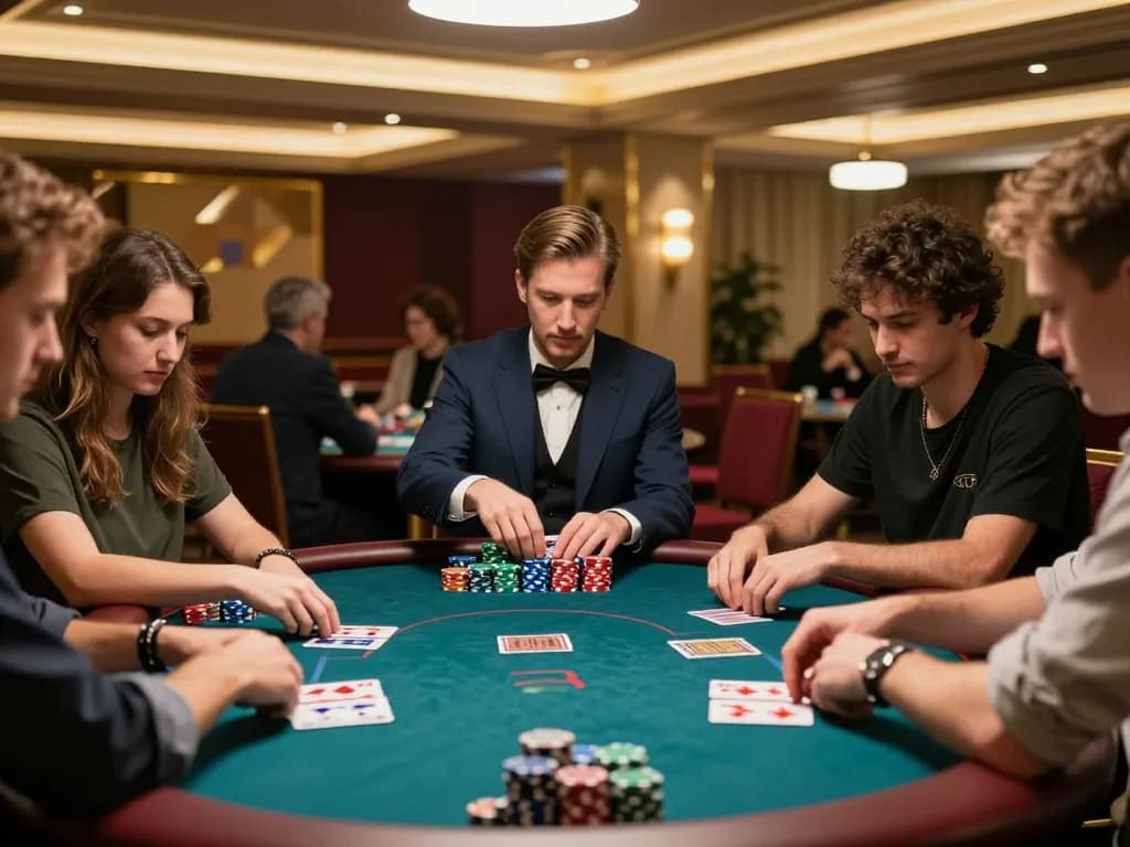 KJC players strategizing at a luxury poker table, highlighting intense gameplay in a sophisticated casino.