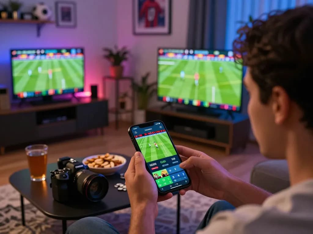 Placing live sports bets on smartphone during an exciting match with rr99t gaming experience.