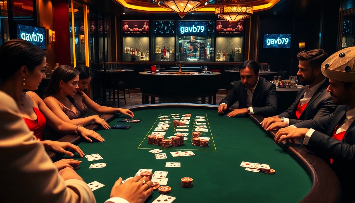 Excited players strategizing their next moves at a high-stakes poker table in a luxurious casino environment. Experience the thrill of gambling with gavb79.