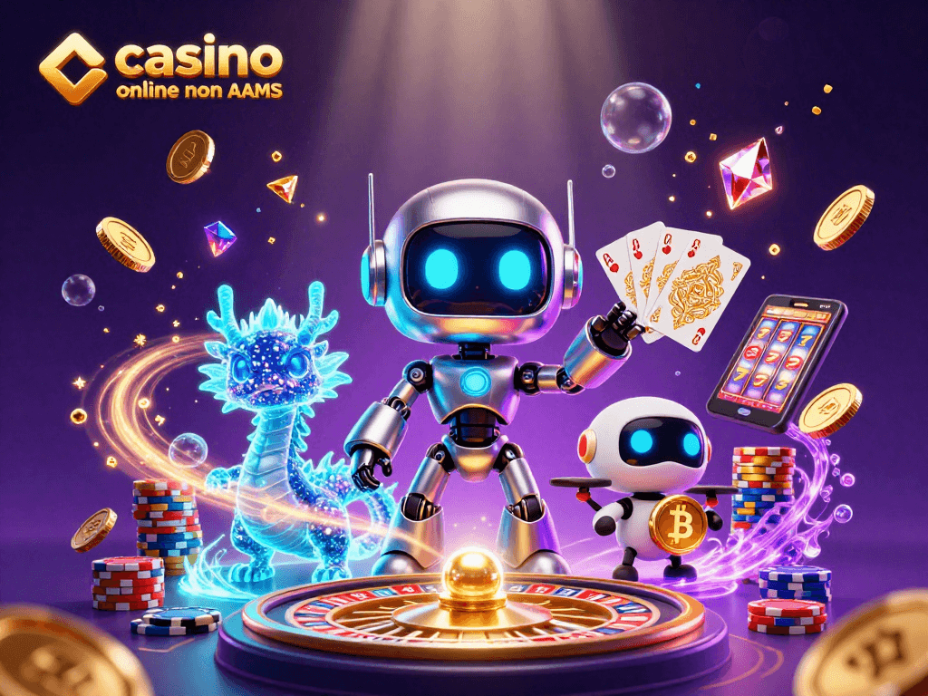 Gioca ai casino online non AAMS con un robot cyberpunk e un drago olografico in un'esplosione di emozionanti elementi di gioco.