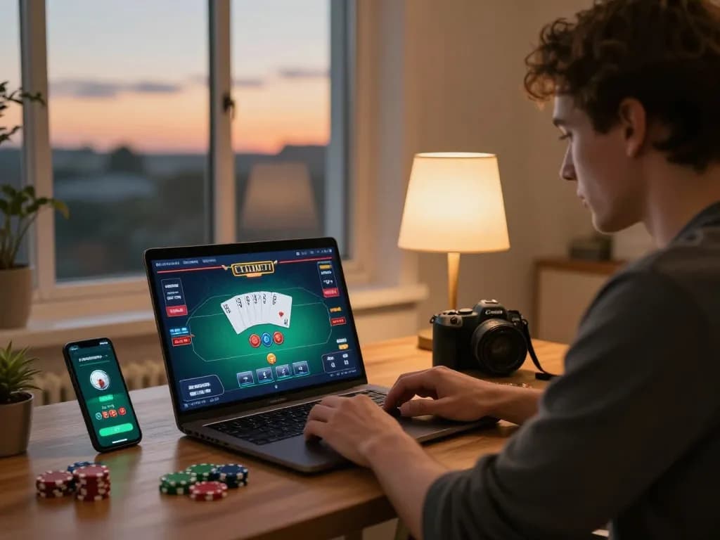 Player engaged in online poker showing situs slot on laptop, emphasizing strategic home gaming atmosphere.