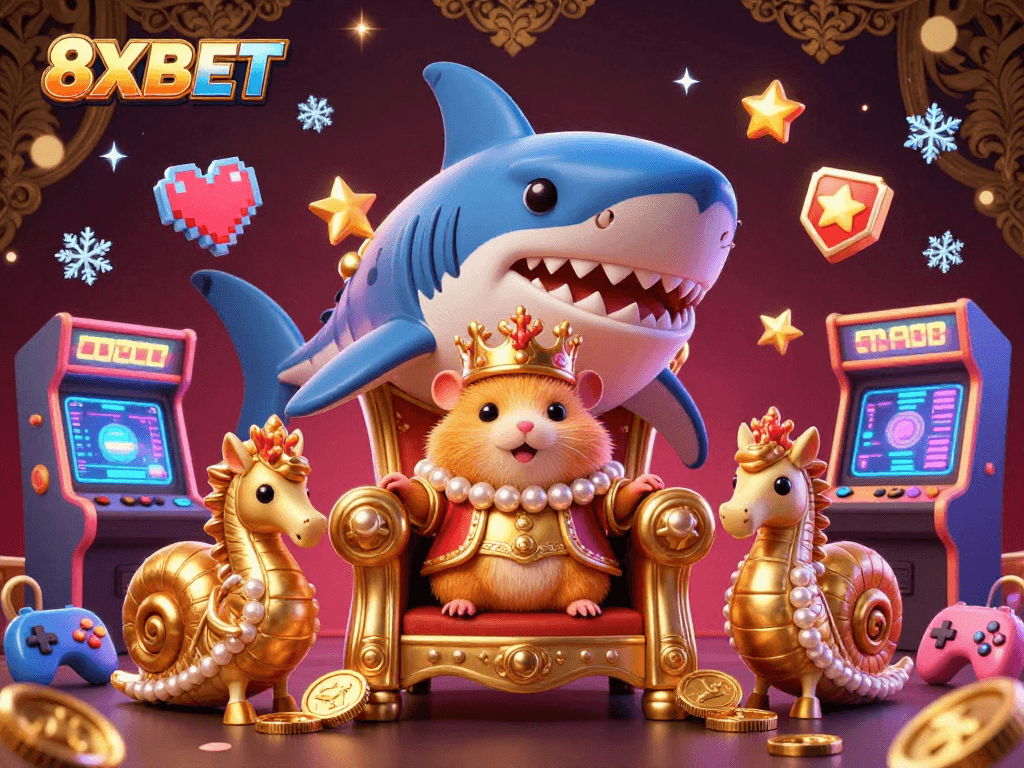 Experience 8XBET's vibrant gaming world with a golden hamster king on a megalodon throne amidst dynamic casino action.