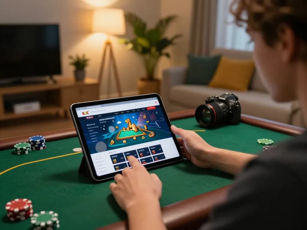 The user explores the KJC website for online gambling options in a cozy home setting.