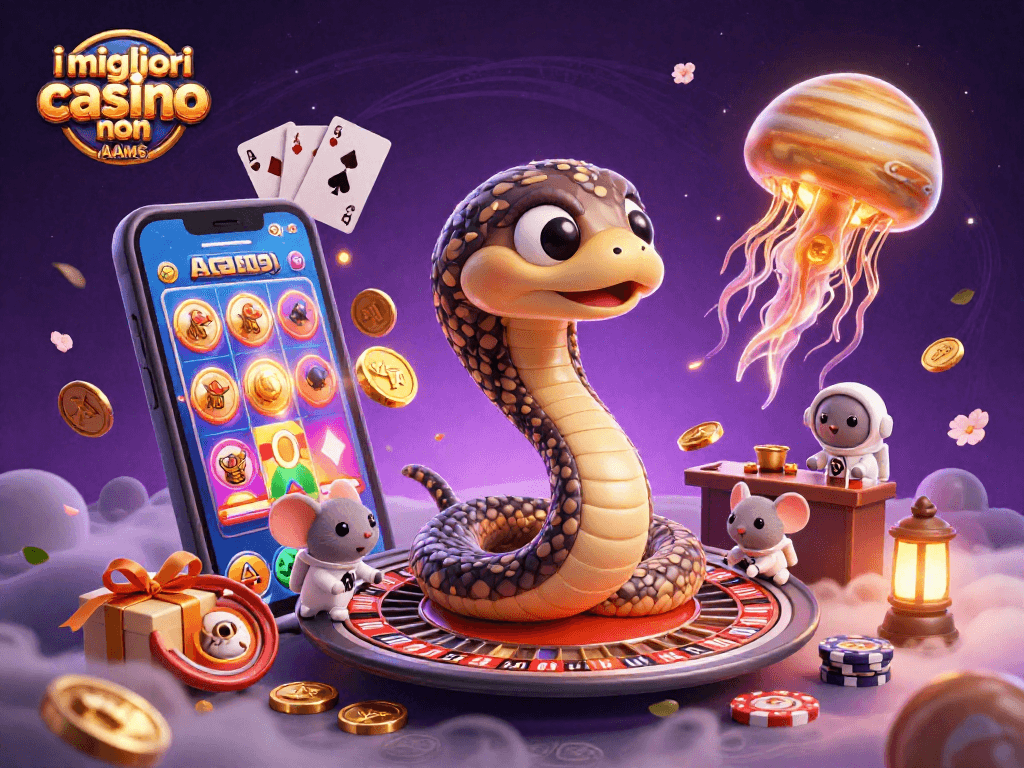 I migliori casino non AAMS: scene di gioco animata con serpente, topi astronauti e medusa dorata.