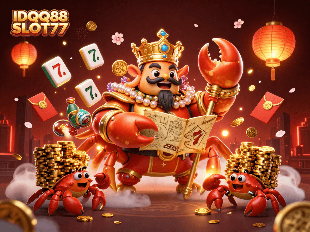 Experience the thrill of IDQQ88 SLOT77 with a golden crab emperor amid slots and festive game elements.