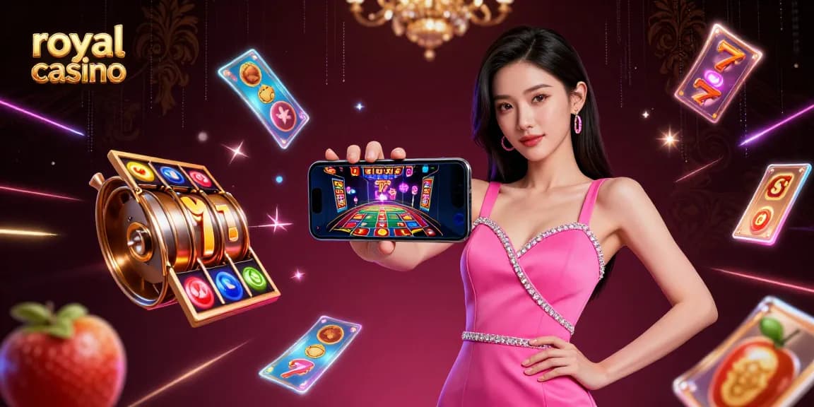 Experience the thrill of the royal casino with a stunning Asian woman in a vibrant dress showcasing live dealer games.