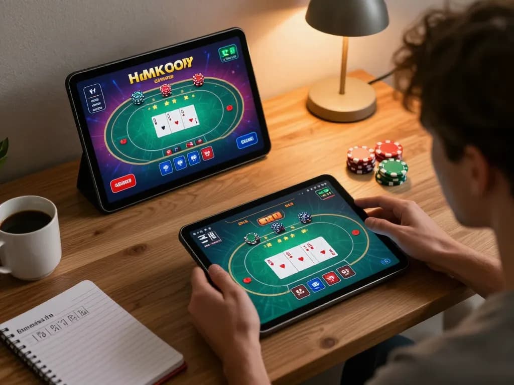 Player enjoying TR88 online gambling on tablet, showcasing engaging poker game strategies in a cozy setting