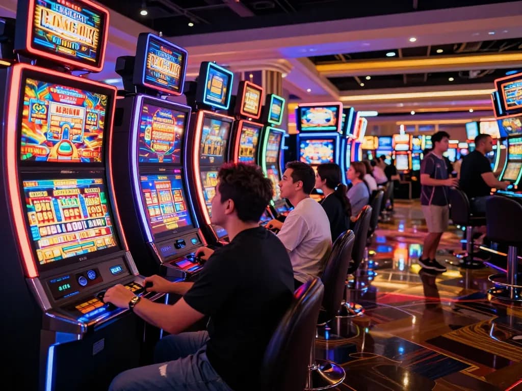 Players engaged with slot gacor hari ini at exciting casino, showcasing colorful machines and dynamic gameplay.