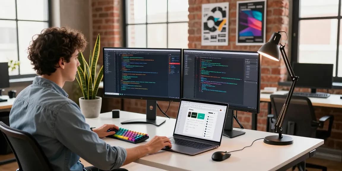 Acrossprotocol software developer's workspace showcasing code, app design, and tech aesthetics.