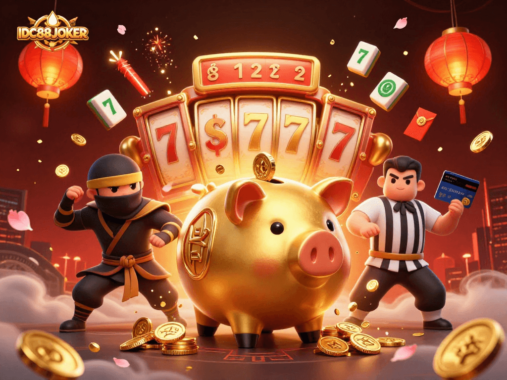 Experience the excitement of IDC88JOKER with a dynamic illustration of gaming action featuring slots and characters.