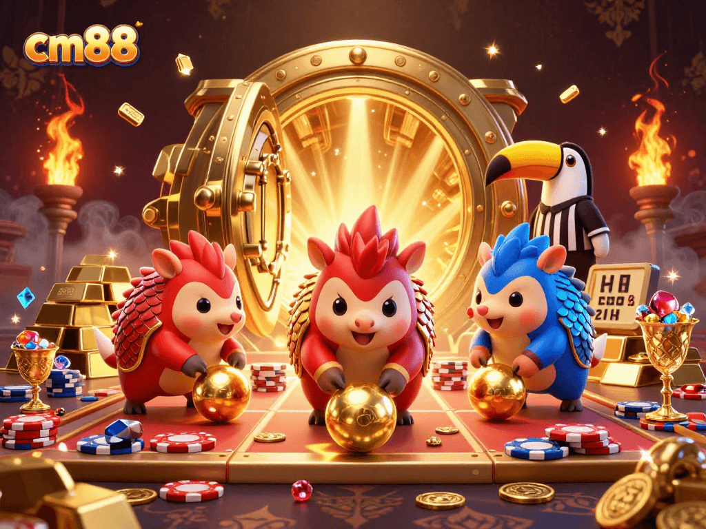 Engage in the dynamic world of cm88 with colorful pangolins bowling through poker chips amidst treasure.