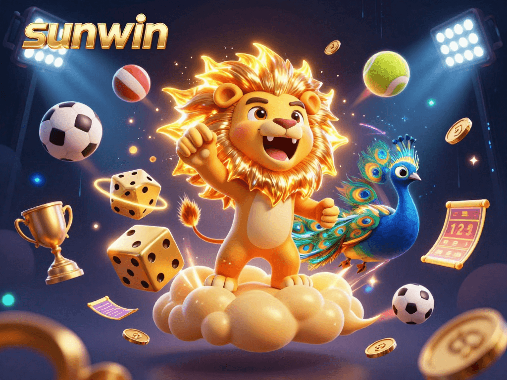 Experience the thrill of sunwin with dynamic sports elements and a playful cartoon lion!
