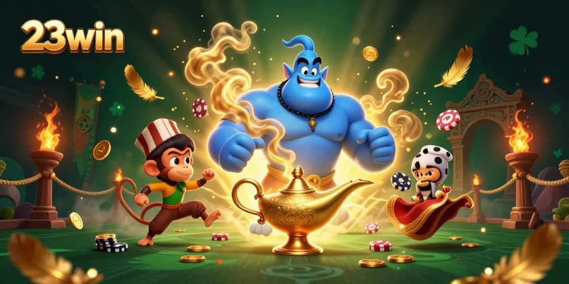 Engage with thrilling games at 23win through a vibrant casino scene, featuring a magical genie.