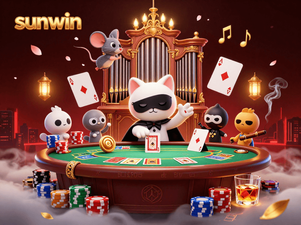 Experience the thrilling sunwin casino scene with a phantom cat and poker elements in a vibrant illustration.
