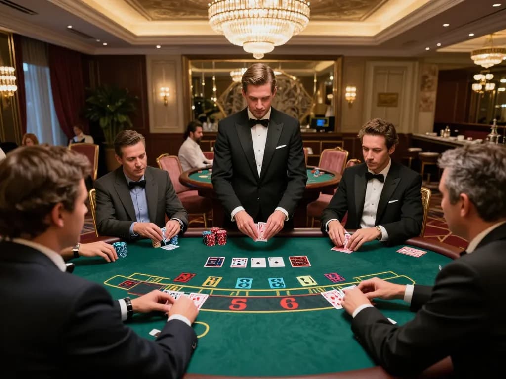 Players at a high-stakes blackjack game at uk88 com, focused on their strategies, in an upscale casino.