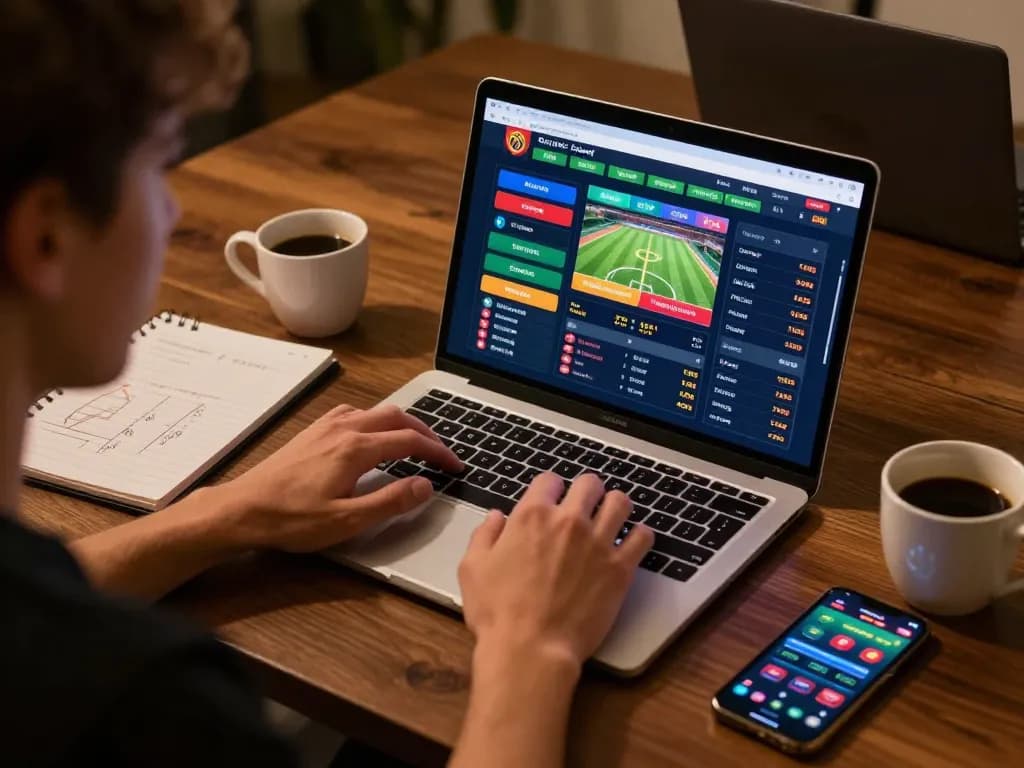 Giocatore impegnato che utilizza la piattaforma di scommesse online siti scommesse non AAMS mentre analizza le strategie