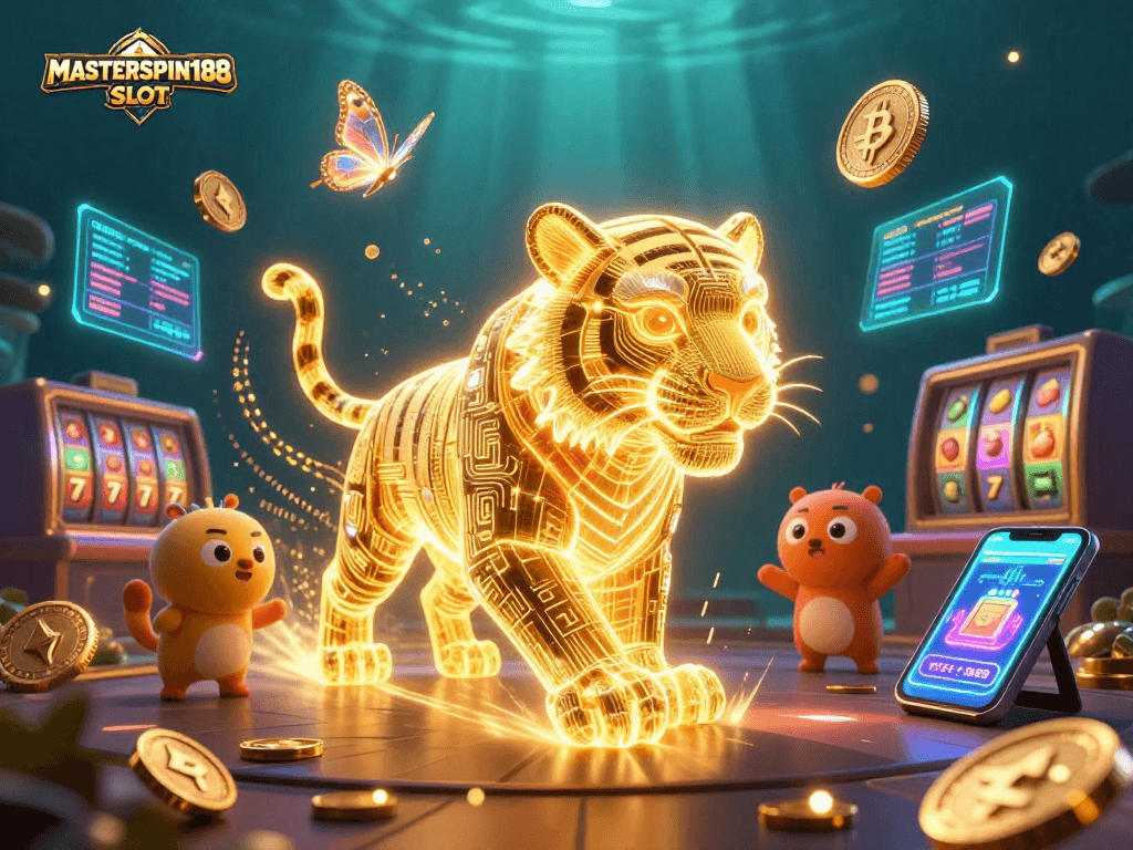 Play the MASTERSPIN188 SLOT in a vibrant digital casino scene with captivating characters and slot elements.