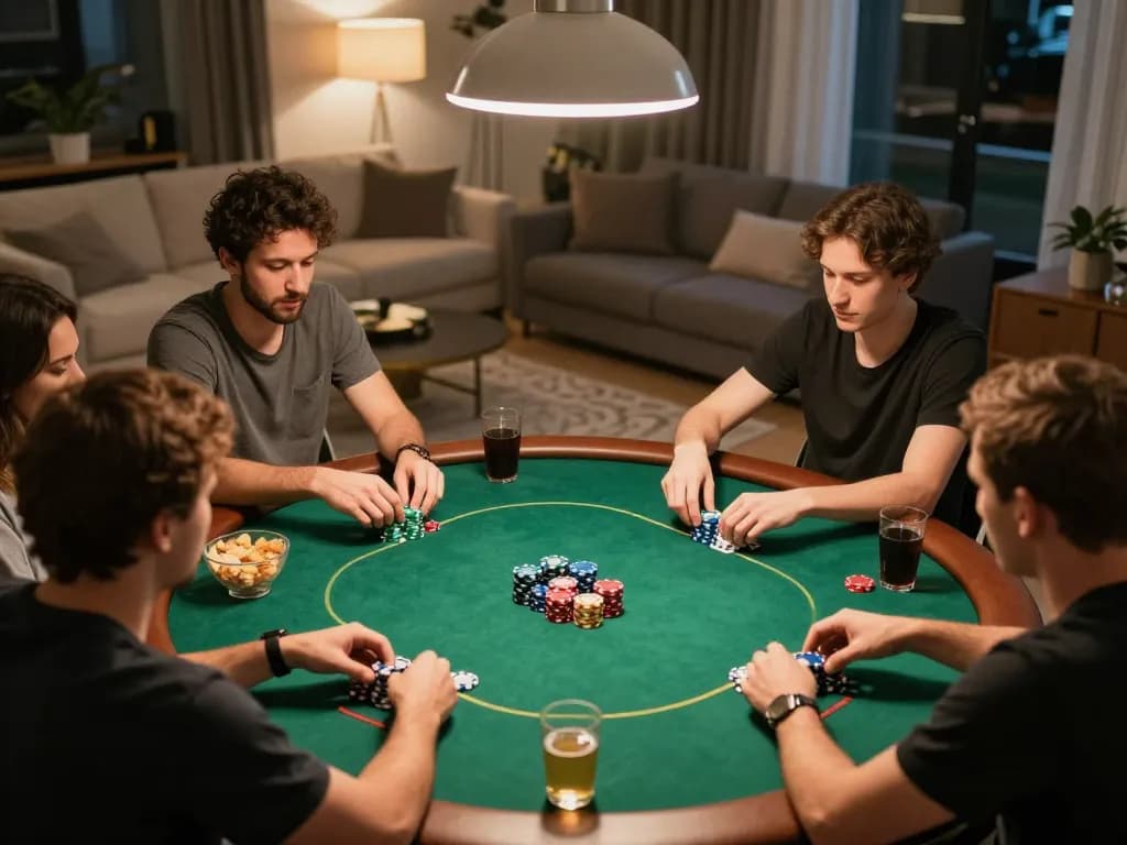 ww88 players enjoying a dynamic poker night with friends at home, engaging in strategic gameplay.