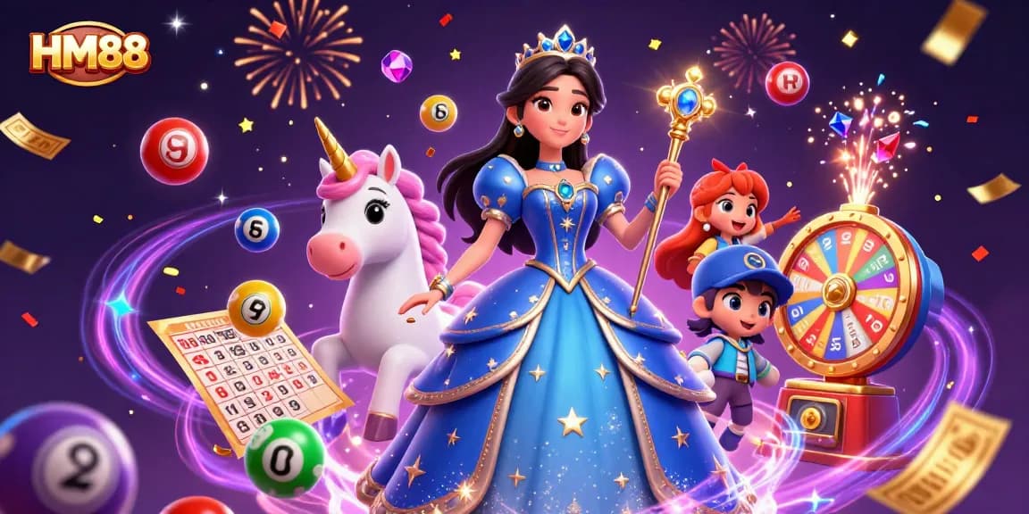 Experience thrilling gambling with HM88 as a beautiful woman and unicorn celebrate winning.