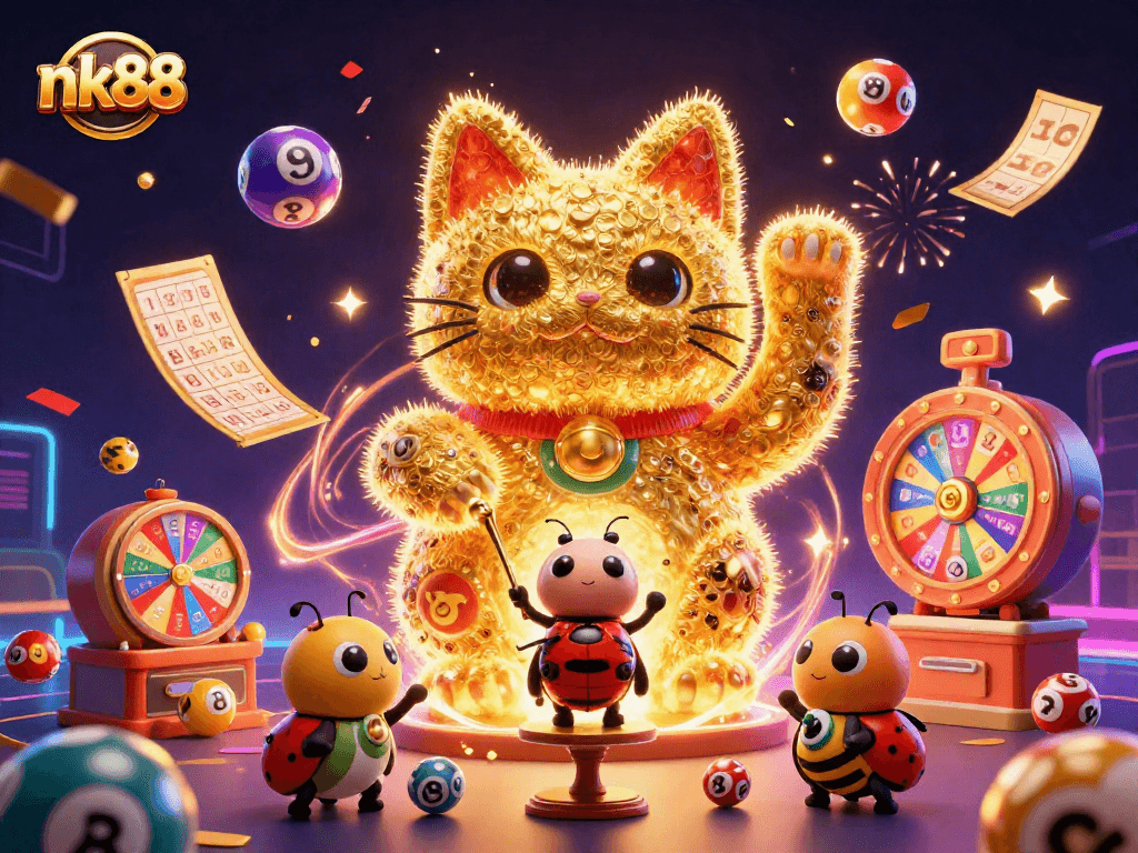 Experience thrilling wins with nk88 as golden fireflies and casino symbols celebrate your luck!