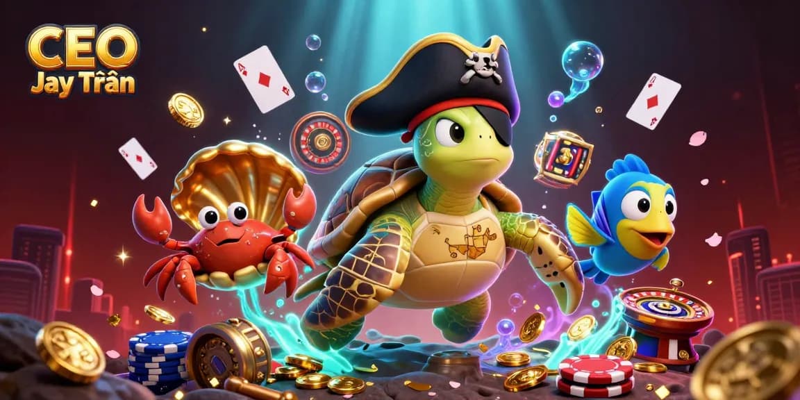 Engage with the exciting adventure of CEO Jay Trần in a vibrant casino scene filled with games and treasures.