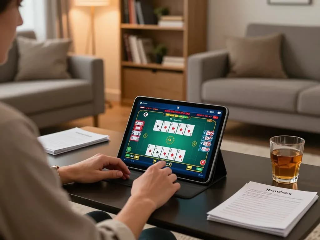 Home gaming scene showcasing online poker interaction at nhà cái uy tín nhất hiện nay with a user-friendly interface.