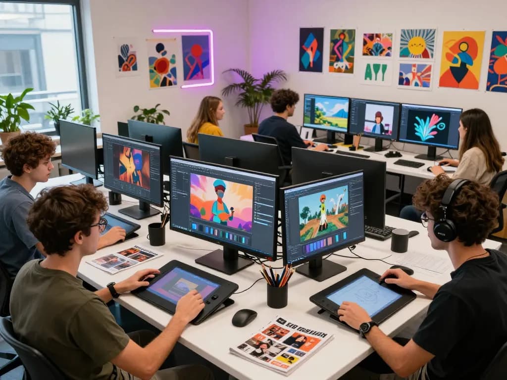 Collaborative environment of graphic designers producing AI porn content, showcasing vibrant screens and creative energy in a modern studio.