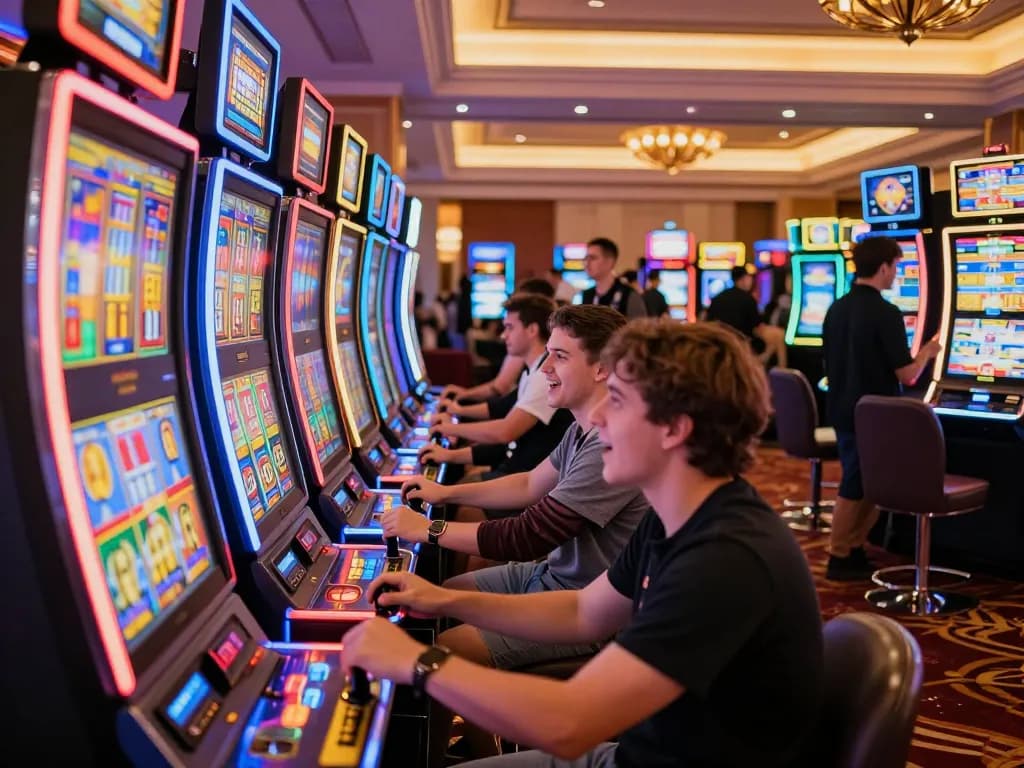 Pemain yang berpartisipasi dengan mesin slot dalam suasana kasino yang hidup, merayakan kemenangan di tengah cahaya yang cerah.