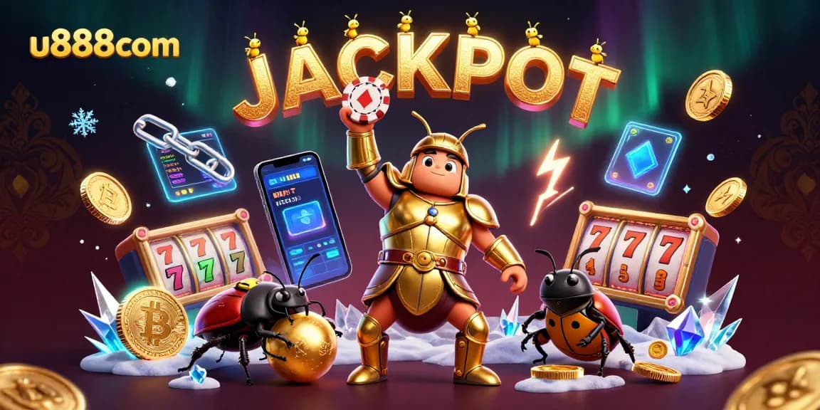 Win big at u888com with a victorious beetle and vibrant casino elements.