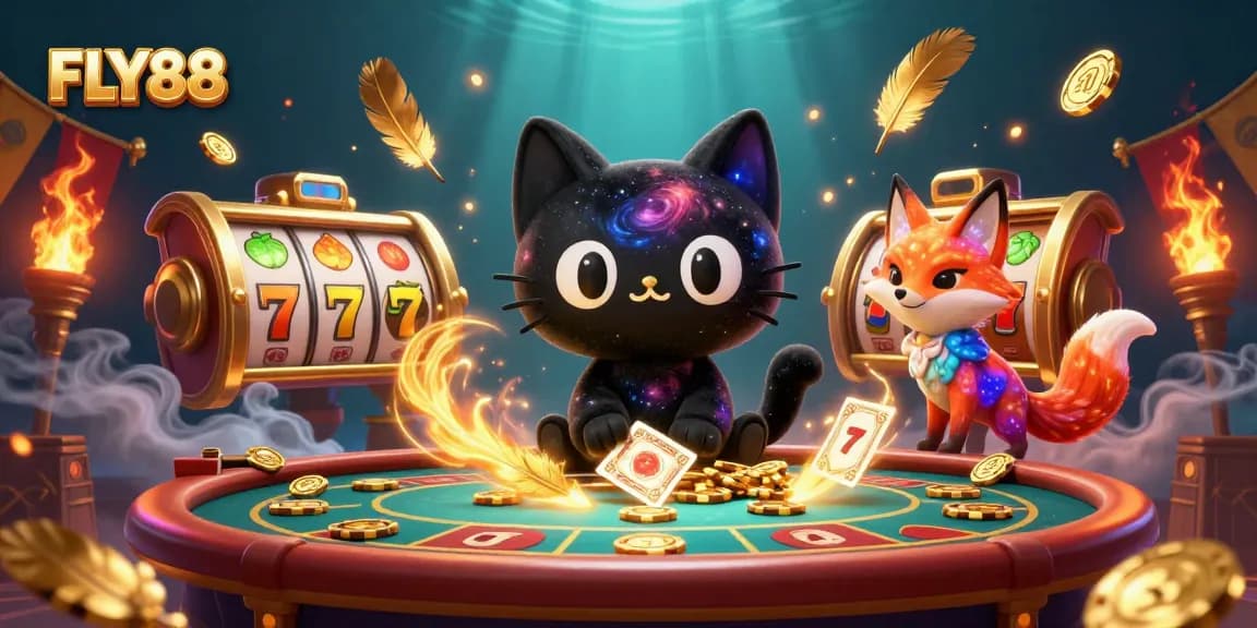FLY88 cat pulls in golden chips at a cosmic casino table with vibrant fox companion.
