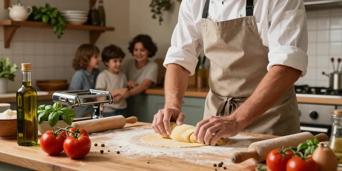 Fresh Italian pasta being made in a rustic kitchen, showcasing quality ingredients and traditional cooking techniques.