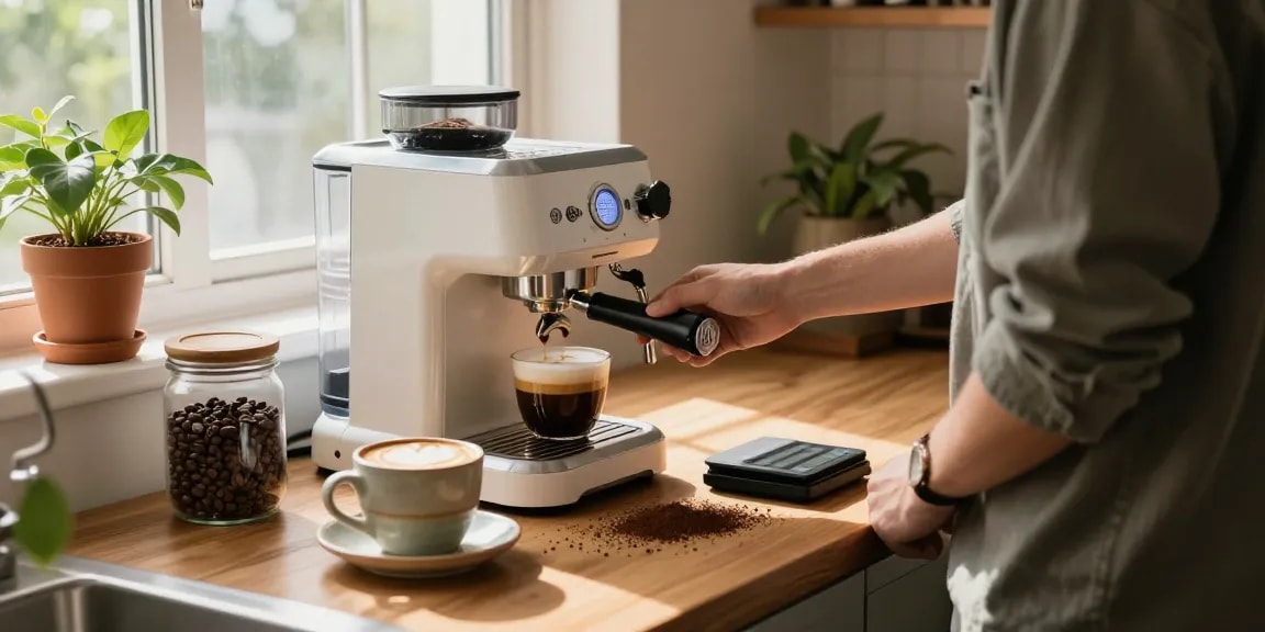 Prepare espresso with the Rokok88 machine in a cozy kitchen.